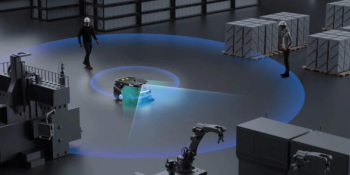 Robot navigating a facility with a 360° sensing field around it